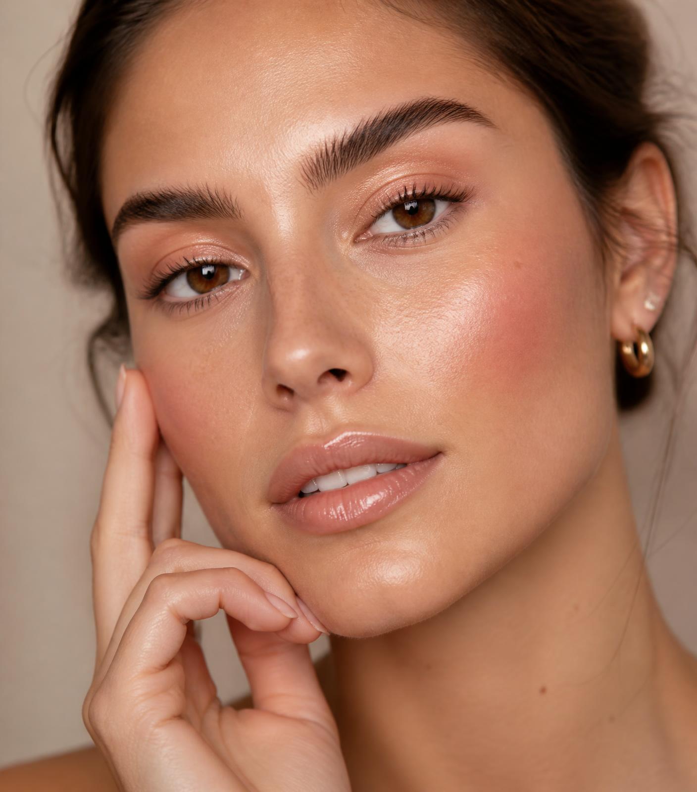 Close-up of sculpted eyebrows and glowing skin after a treatment at Luxe Glow Studio in Naperville